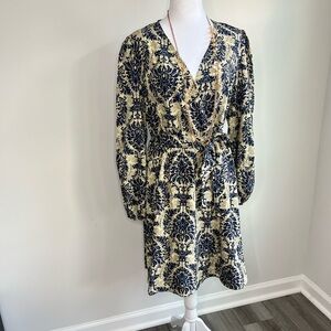 Cupshe Baroque Brocade Wrap Dress XL |‎ Gold Navy Long Sleeve NWT